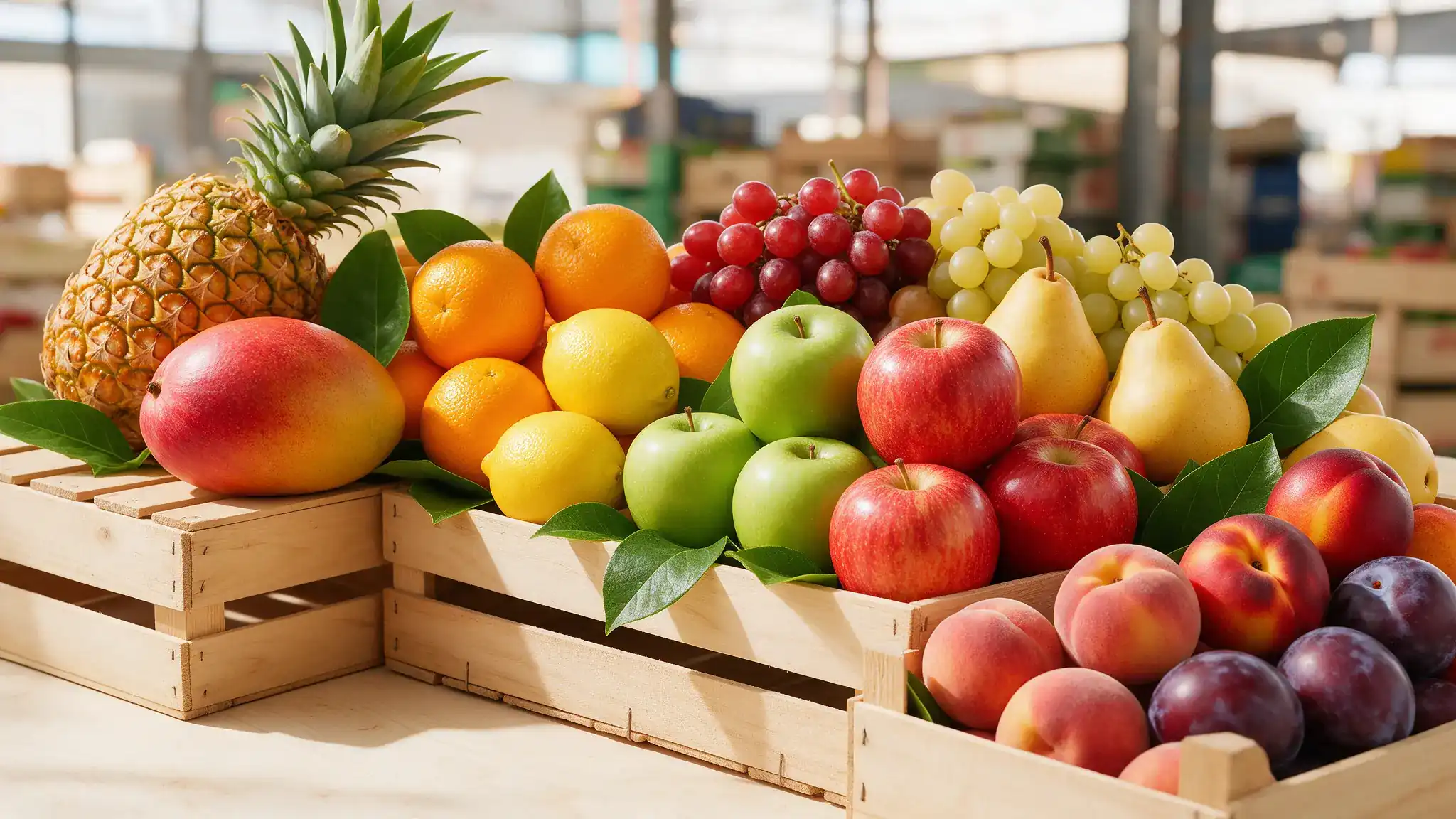 Assortiment de fruita fresca: pinya, mango, cítrics, pomes i raïm